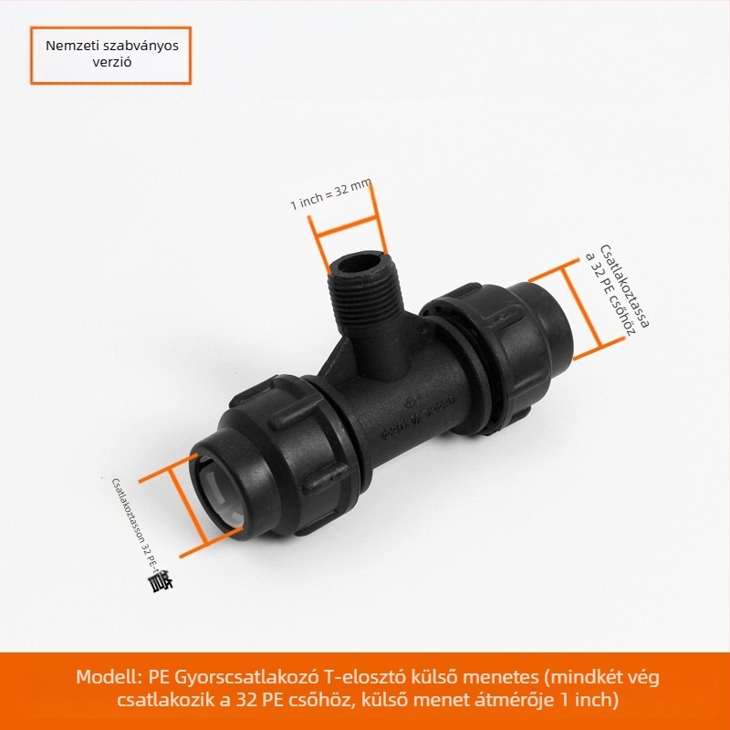 PE csőfitingek gyorscsatlakozással, T-alakú, könyök és toldó plus szelep; anyag PE; falvastagság 3,0 mm; osztály 80