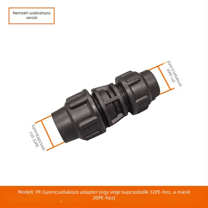 PE csőfitingek gyorscsatlakozással, T-alakú, könyök és toldó plus szelep; anyag PE; falvastagság 3,0 mm; osztály 80