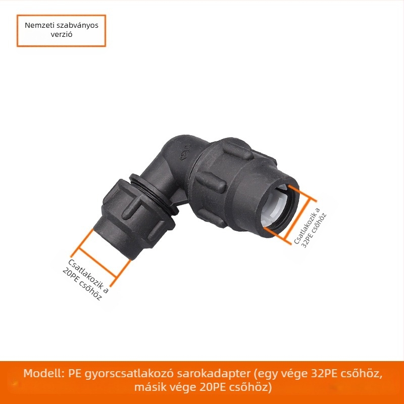 PE csőfitingek gyorscsatlakozással, T-alakú, könyök és toldó plus szelep; anyag PE; falvastagság 3,0 mm; osztály 80