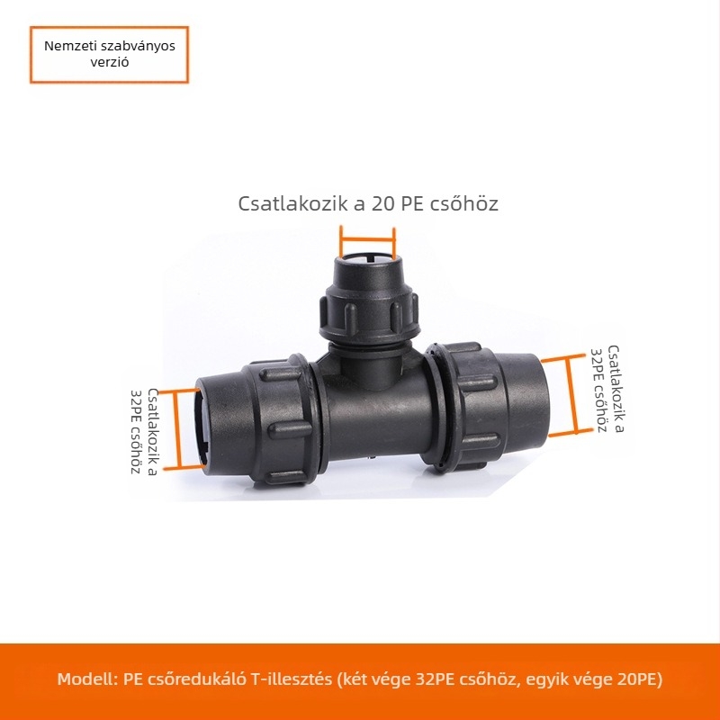 PE csőfitingek gyorscsatlakozással, T-alakú, könyök és toldó plus szelep; anyag PE; falvastagság 3,0 mm; osztály 80