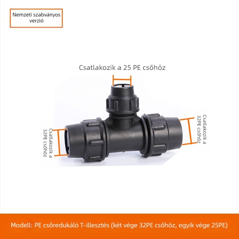 PE csőfitingek gyorscsatlakozással, T-alakú, könyök és toldó plus szelep; anyag PE; falvastagság 3,0 mm; osztály 80