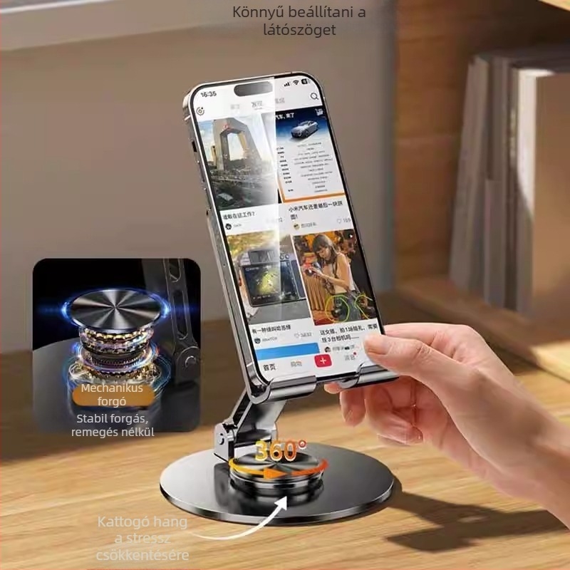 Asztali teljesen fém összecsukható és forgó állvány telefonok és tabletek számára