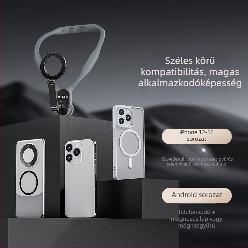 TELESIN MagSafe mágneses nyakban tartó telefonhoz FPV élő közvetítés és fényképezéshez – univerzális minden telefonhoz, anyag: szilikon+ABS+fém