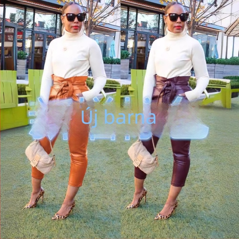 Női PU anyagú casual nadrág, magas derekú, szoros szabás, bokáig érő, városi stílus