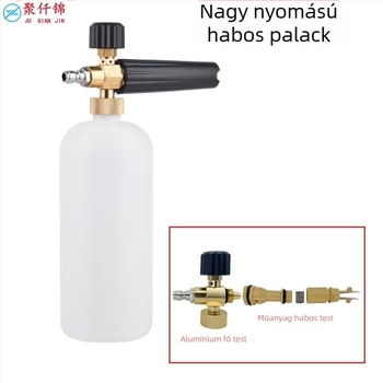 Magasnyomású autómosó habspray pisztoly, alumínium és mérnöki műanyag felépítés, állítható habzás, ventilátorszerű permet