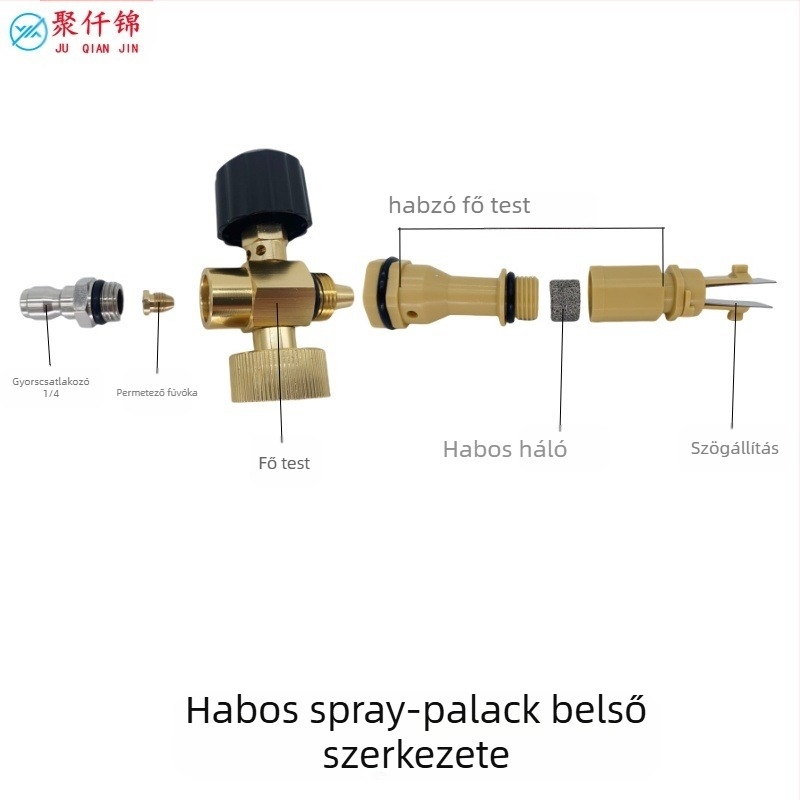 Magasnyomású autómosó habspray pisztoly, alumínium és mérnöki műanyag felépítés, állítható habzás, ventilátorszerű permet