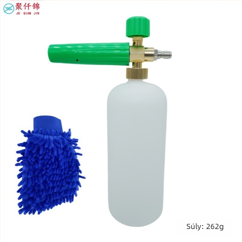 Magasnyomású autómosó habspray pisztoly, alumínium és mérnöki műanyag felépítés, állítható habzás, ventilátorszerű permet