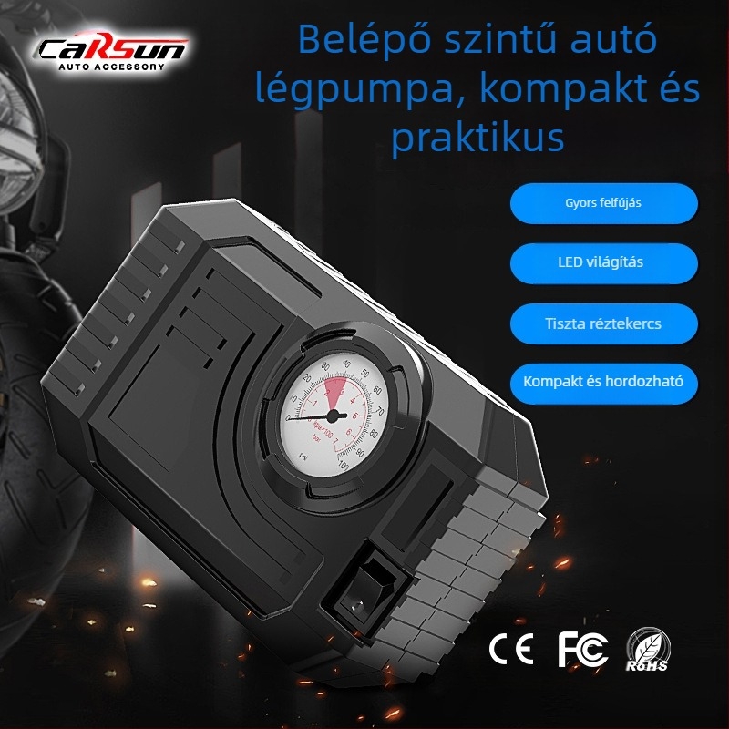 Elektromos autó mini keréknyomás-szivattyú éjszakai világítással, 12V, 80W, 25 L/perc, akkumulátorról működik, 3 m kábel