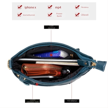 Női valódi bőrből készült táska, felsőrétegű marhabőrből, vízszintes négyzetes forma, cipzáros nyitás, pamut belső, cipzáras zseb és ID-zseb