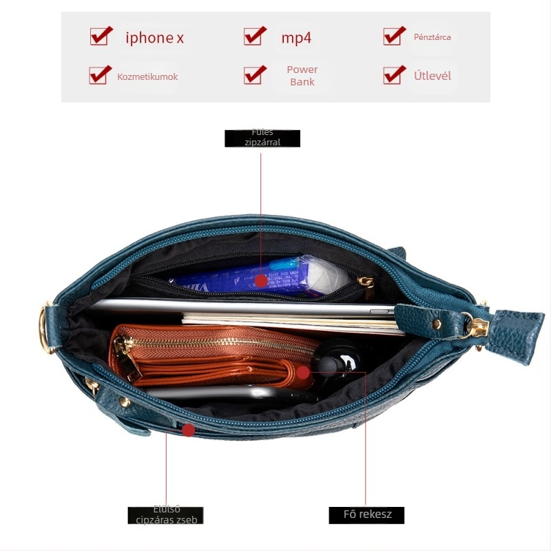 Női valódi bőrből készült táska, felsőrétegű marhabőrből, vízszintes négyzetes forma, cipzáros nyitás, pamut belső, cipzáras zseb és ID-zseb