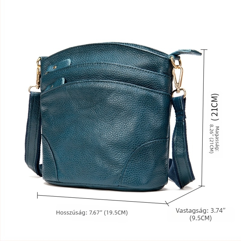 Női valódi bőrből készült táska, felsőrétegű marhabőrből, vízszintes négyzetes forma, cipzáros nyitás, pamut belső, cipzáras zseb és ID-zseb