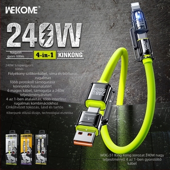 WEKOME 4 az 1-ben magas teljesítményű szilikon töltő- és adatkábel Lightning és Type-C csatlakozókkal, gyors töltés, 240W
