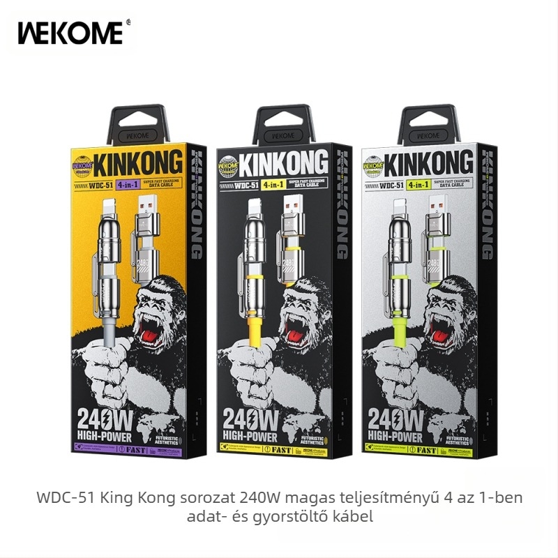 WEKOME 4 az 1-ben magas teljesítményű szilikon töltő- és adatkábel Lightning és Type-C csatlakozókkal, gyors töltés, 240W