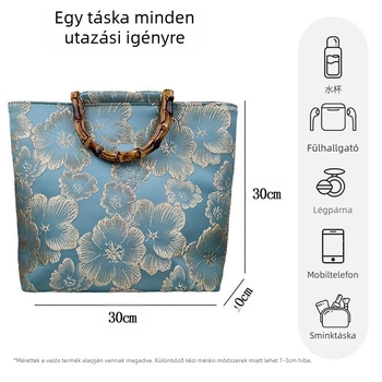 Vászon tote táska bambusz fogantyúval, nemzeti stílusú hímzéssel és cipzárral