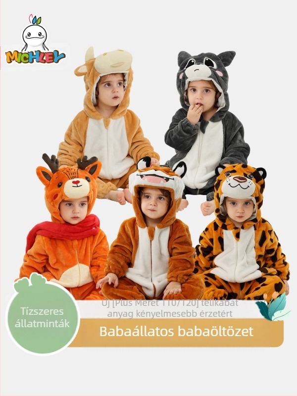 MICHLEY bébi flanel overall állatmintával – őszi/téli szezon, hosszú ujjú, cipzáras zárás