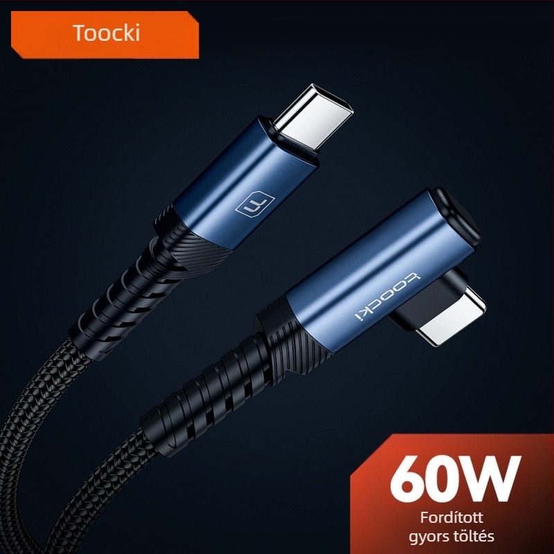 Type-C gyors töltésű adatkábel, L-alakú kivitel, alumíniumötvözet, 60W maximum