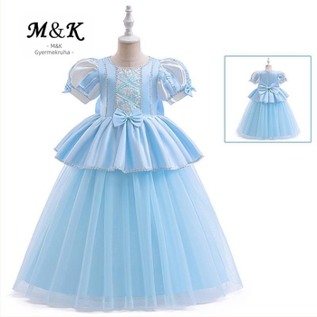 Lányoknak szóló Cinderella hercegnő ruhája lámpás ujjak, pliszírozott szatén ruha, 3–8 éveseknek, 65% poliészter, 35% pamut bélés
