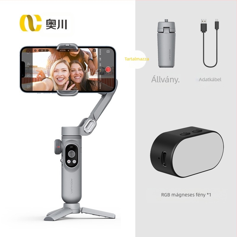 Okawa háromtengelyes okostelefon-stabilizátor arcfelismeréssel, kézi gimbal videókhoz; kompatibil telefonok 88 mm szélességig és 280 g súlyig; készülék súlya 295 g; kézi telepítés; 2022-ben jelent meg; 1 éves garancia.