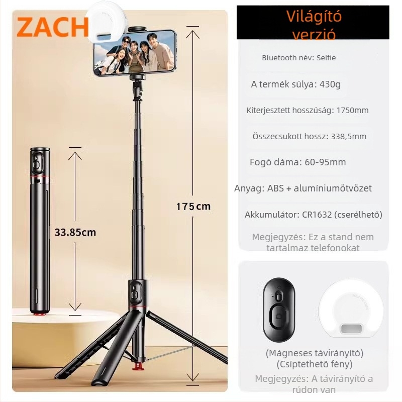 Fotózásra és videózásra készült állvány ABS+alumínium ötvözetből, képstabilizálás, beépített LED-fény, Bluetooth, távirányító