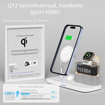 Qi2 mágneses 3‑in‑1 vezeték nélküli töltő iPhone 12–15 sorozathoz és Apple Watch-hoz, asztali töltő 25W összteljesítmény, 15W telefon, 5W fülhallgató, 3W óra, QC4.0