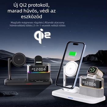 Qi2 mágneses 3‑in‑1 vezeték nélküli töltő iPhone 12–15 sorozathoz és Apple Watch-hoz, asztali töltő 25W összteljesítmény, 15W telefon, 5W fülhallgató, 3W óra, QC4.0