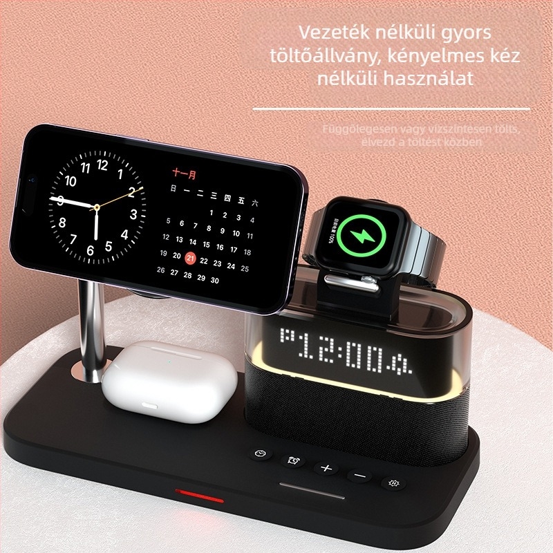 Qi2 mágneses 3‑in‑1 vezeték nélküli töltő iPhone 12–15 sorozathoz és Apple Watch-hoz, asztali töltő 25W összteljesítmény, 15W telefon, 5W fülhallgató, 3W óra, QC4.0