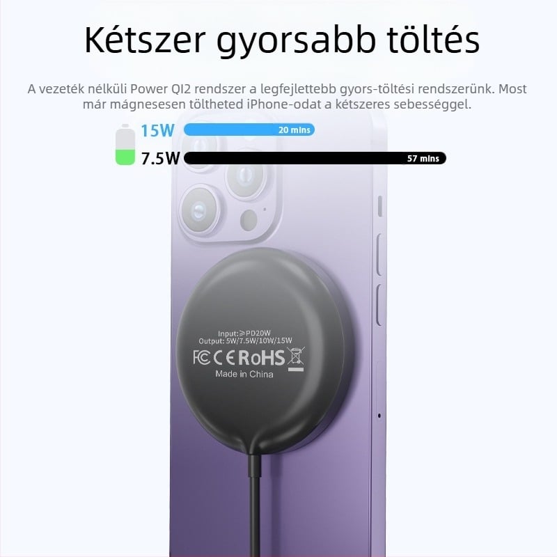 Mágneses vezeték nélküli asztali töltő 15W Qi2 – Gyors töltés telefonra, órára és fülhallgatóra, 3A kimenet
