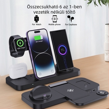 Vineeds 6 az 1-ben összecsukható vezeték nélküli töltő – 15W QC Gyors töltés, Összecsukható Qi töltő, Mágneses töltés nélkül