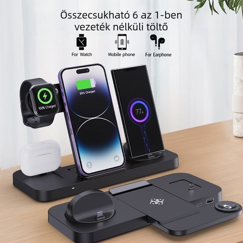 Vineeds 6 az 1-ben összecsukható vezeték nélküli töltő – 15W QC Gyors töltés, Összecsukható Qi töltő, Mágneses töltés nélkül
