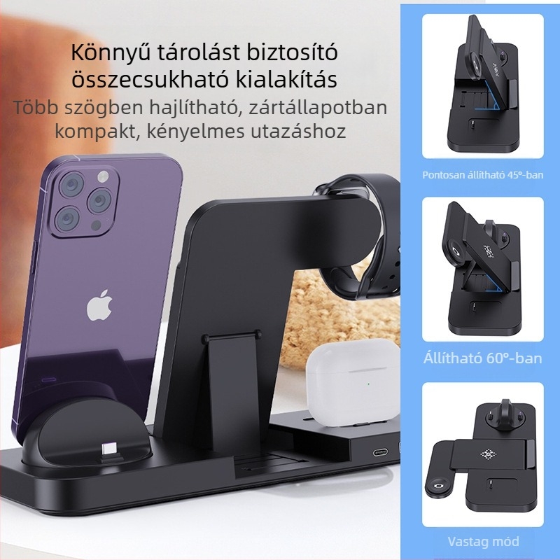 Vineeds 6 az 1-ben összecsukható vezeték nélküli töltő – 15W QC Gyors töltés, Összecsukható Qi töltő, Mágneses töltés nélkül
