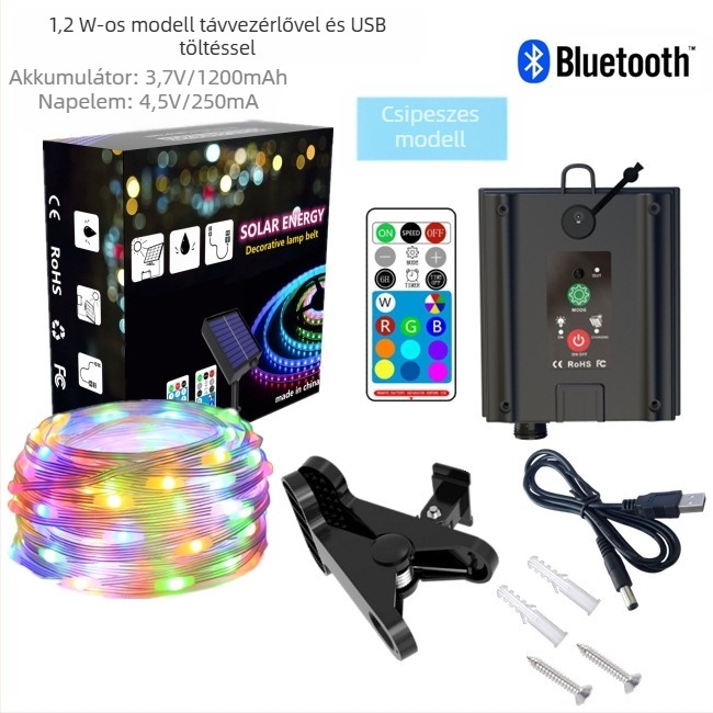 Kültéri napernyő dekoratív LED-sor — napenergia/USB/akkumulátoros tápellátás, IP67, 5V 2W, távirányító