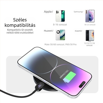 Vezeték nélküli töltő digitális kijelzővel, 15W PD gyorstöltés, 1,2 m fonott kábel, Apple és Android készülékekkel kompatibilis