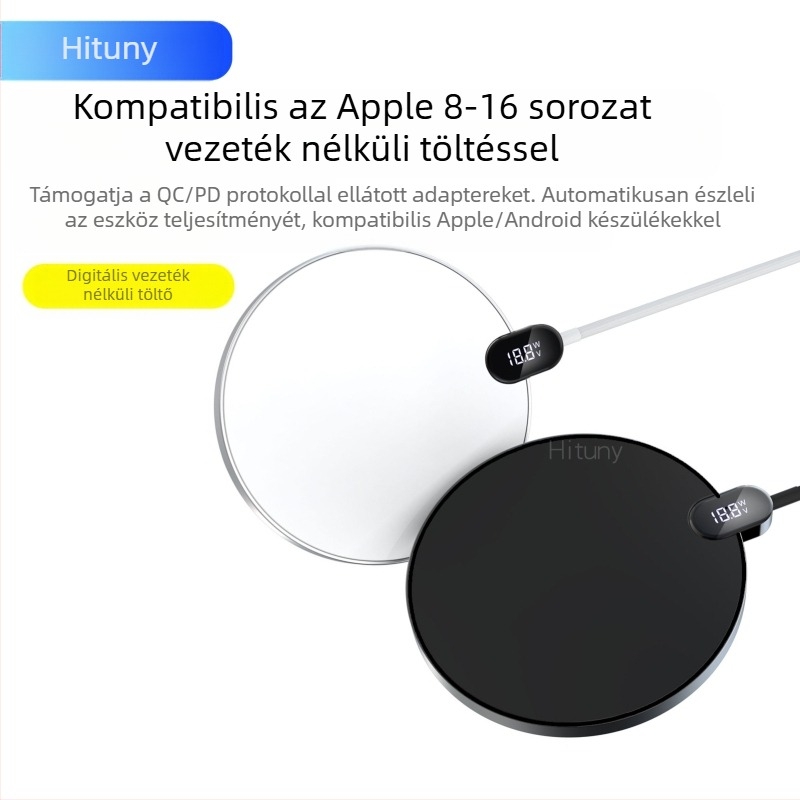Vezeték nélküli töltő digitális kijelzővel, 15W PD gyorstöltés, 1,2 m fonott kábel, Apple és Android készülékekkel kompatibilis