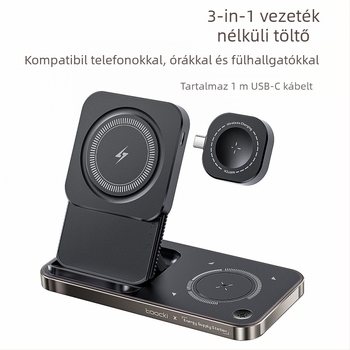 Toocki 3-in-1 asztali vezeték nélküli töltő 15W PD protokollal és mágneses töltéssel, Bluetooth fülhallgatókhoz és az iPhone 15 sorozathoz