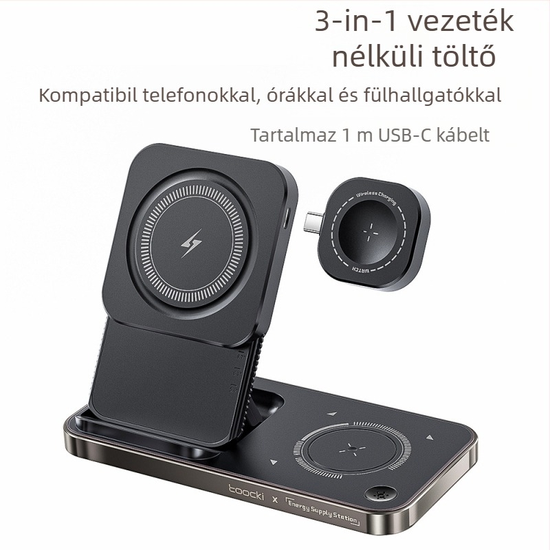 Toocki 3-in-1 asztali vezeték nélküli töltő 15W PD protokollal és mágneses töltéssel, Bluetooth fülhallgatókhoz és az iPhone 15 sorozathoz