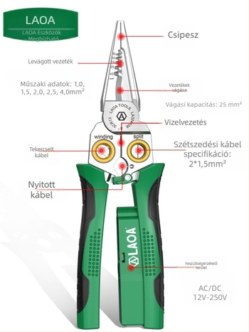 8-az-1 villanyszerelő fogó feszültségmérési funkcióval, vezetékek izolációjának eltávolítása, vágás és krimpelés