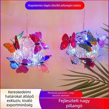 LED napelemes akasztós fa-ballon lámpa pillangó mintás alumíniumdrót-dizájnnal kültéri kerthez; IP65, LED fényforrás, 1W, 6–12 óra, 50 000 óra élettartam