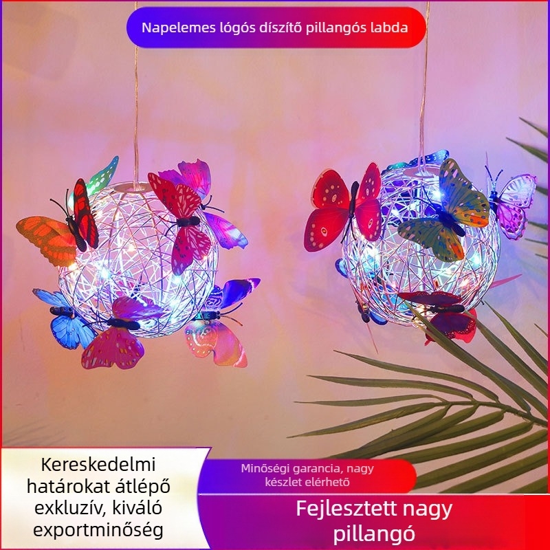 LED napelemes akasztós fa-ballon lámpa pillangó mintás alumíniumdrót-dizájnnal kültéri kerthez; IP65, LED fényforrás, 1W, 6–12 óra, 50 000 óra élettartam