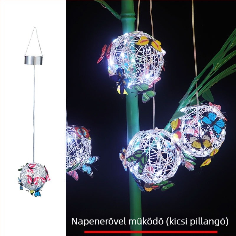 LED napelemes akasztós fa-ballon lámpa pillangó mintás alumíniumdrót-dizájnnal kültéri kerthez; IP65, LED fényforrás, 1W, 6–12 óra, 50 000 óra élettartam