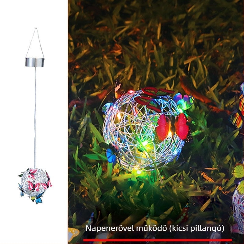LED napelemes akasztós fa-ballon lámpa pillangó mintás alumíniumdrót-dizájnnal kültéri kerthez; IP65, LED fényforrás, 1W, 6–12 óra, 50 000 óra élettartam
