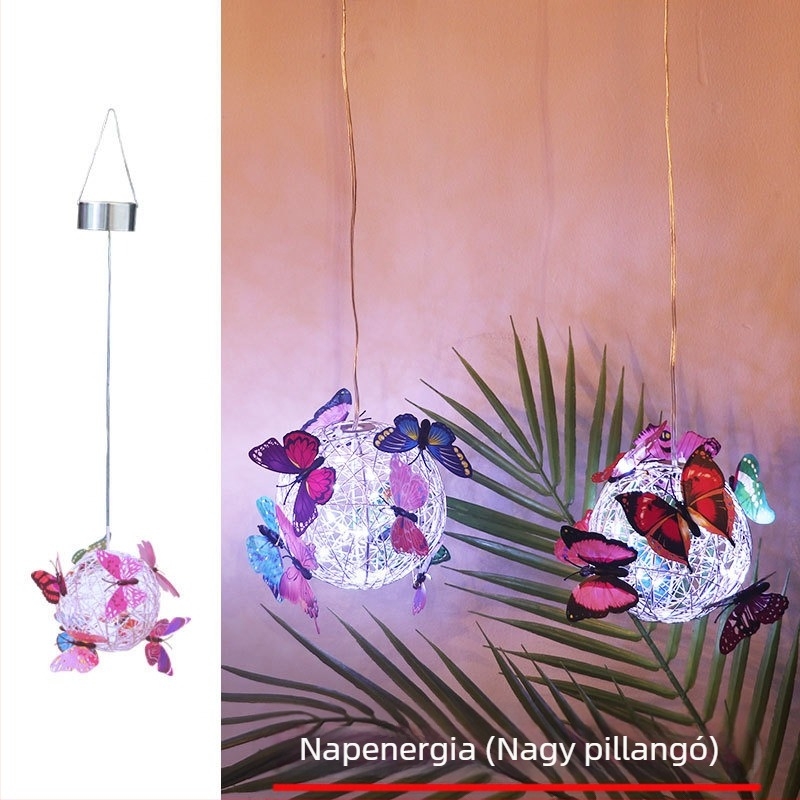 LED napelemes akasztós fa-ballon lámpa pillangó mintás alumíniumdrót-dizájnnal kültéri kerthez; IP65, LED fényforrás, 1W, 6–12 óra, 50 000 óra élettartam