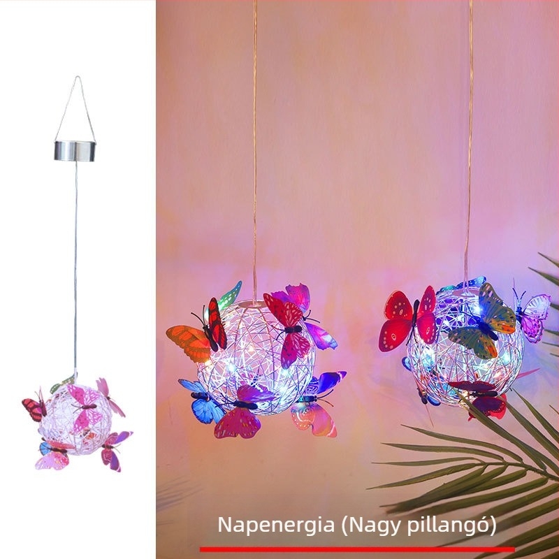 LED napelemes akasztós fa-ballon lámpa pillangó mintás alumíniumdrót-dizájnnal kültéri kerthez; IP65, LED fényforrás, 1W, 6–12 óra, 50 000 óra élettartam