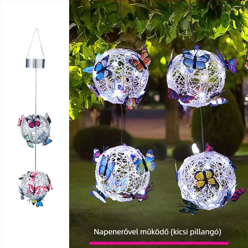 LED napelemes akasztós fa-ballon lámpa pillangó mintás alumíniumdrót-dizájnnal kültéri kerthez; IP65, LED fényforrás, 1W, 6–12 óra, 50 000 óra élettartam