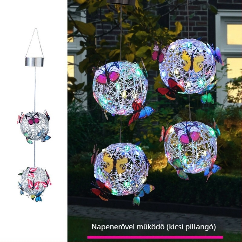 LED napelemes akasztós fa-ballon lámpa pillangó mintás alumíniumdrót-dizájnnal kültéri kerthez; IP65, LED fényforrás, 1W, 6–12 óra, 50 000 óra élettartam