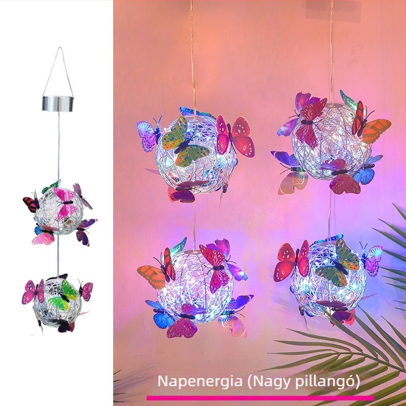 LED napelemes akasztós fa-ballon lámpa pillangó mintás alumíniumdrót-dizájnnal kültéri kerthez; IP65, LED fényforrás, 1W, 6–12 óra, 50 000 óra élettartam