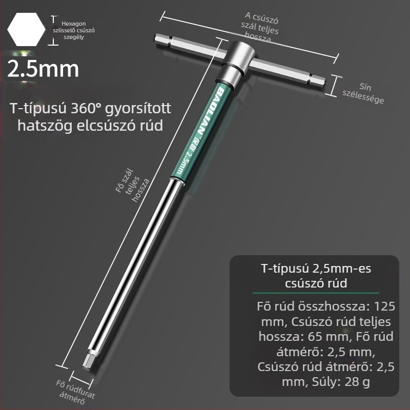 T-formájú, nagy sebességű hatszögletű aljzatkulcs