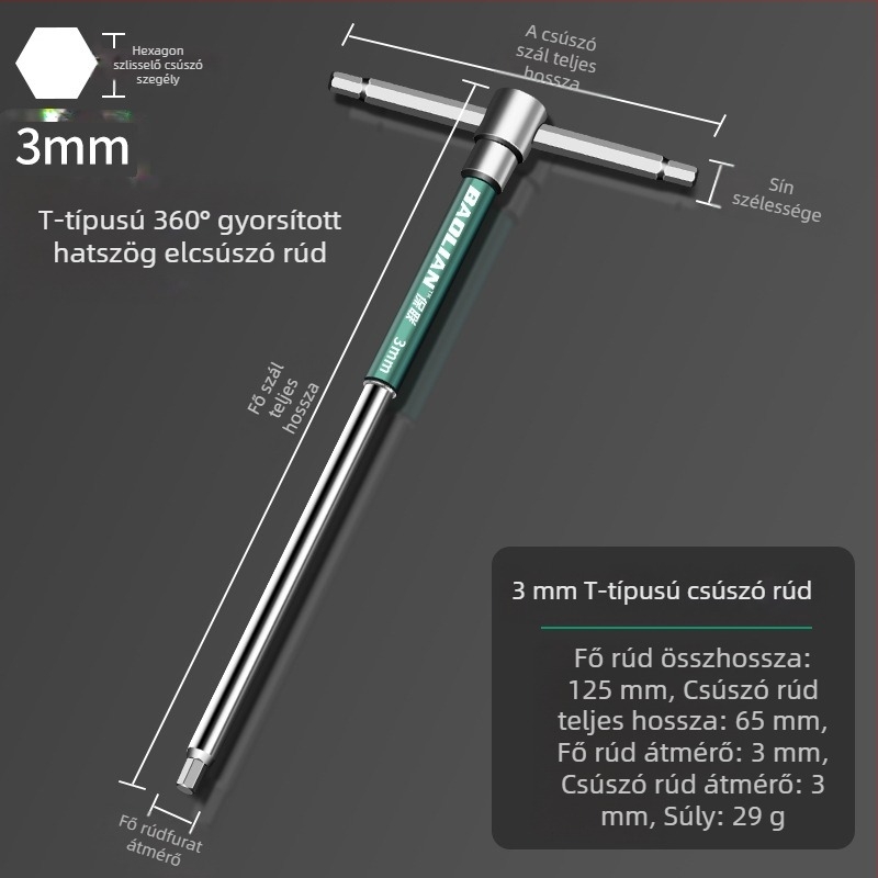 T-formájú, nagy sebességű hatszögletű aljzatkulcs