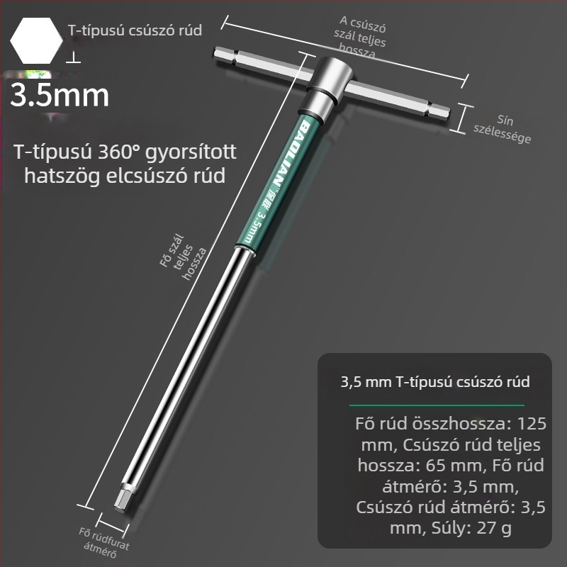 T-formájú, nagy sebességű hatszögletű aljzatkulcs