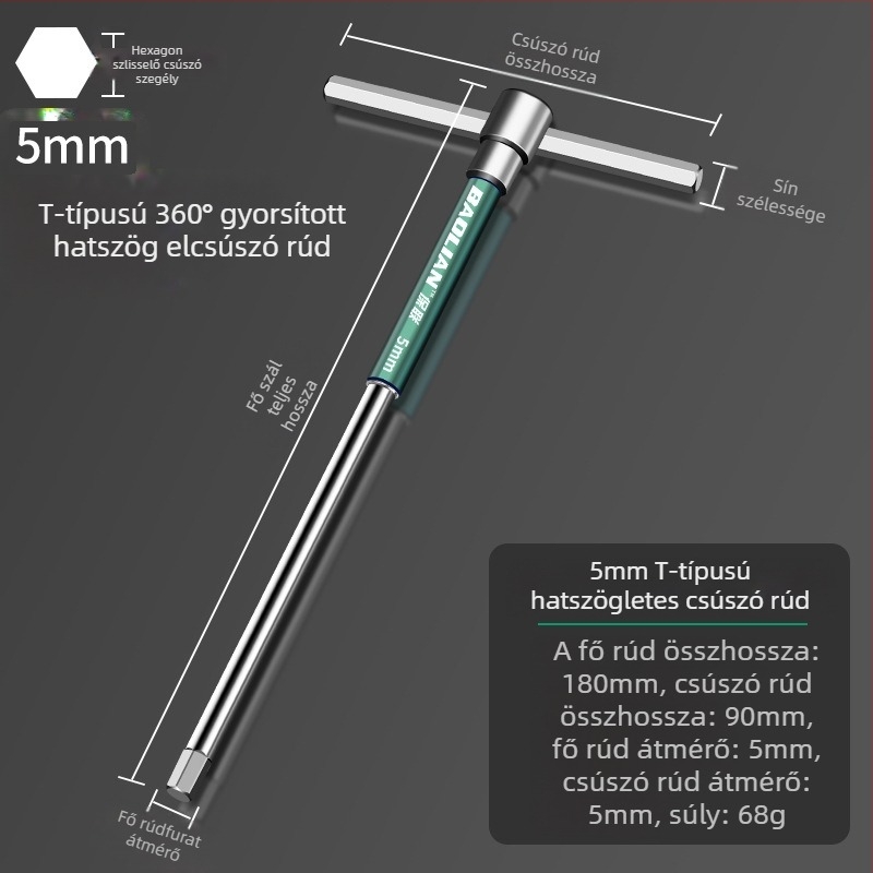 T-formájú, nagy sebességű hatszögletű aljzatkulcs