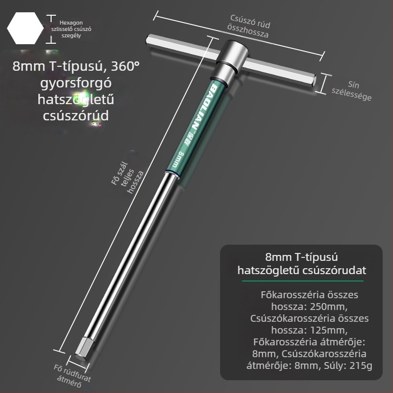 T-formájú, nagy sebességű hatszögletű aljzatkulcs
